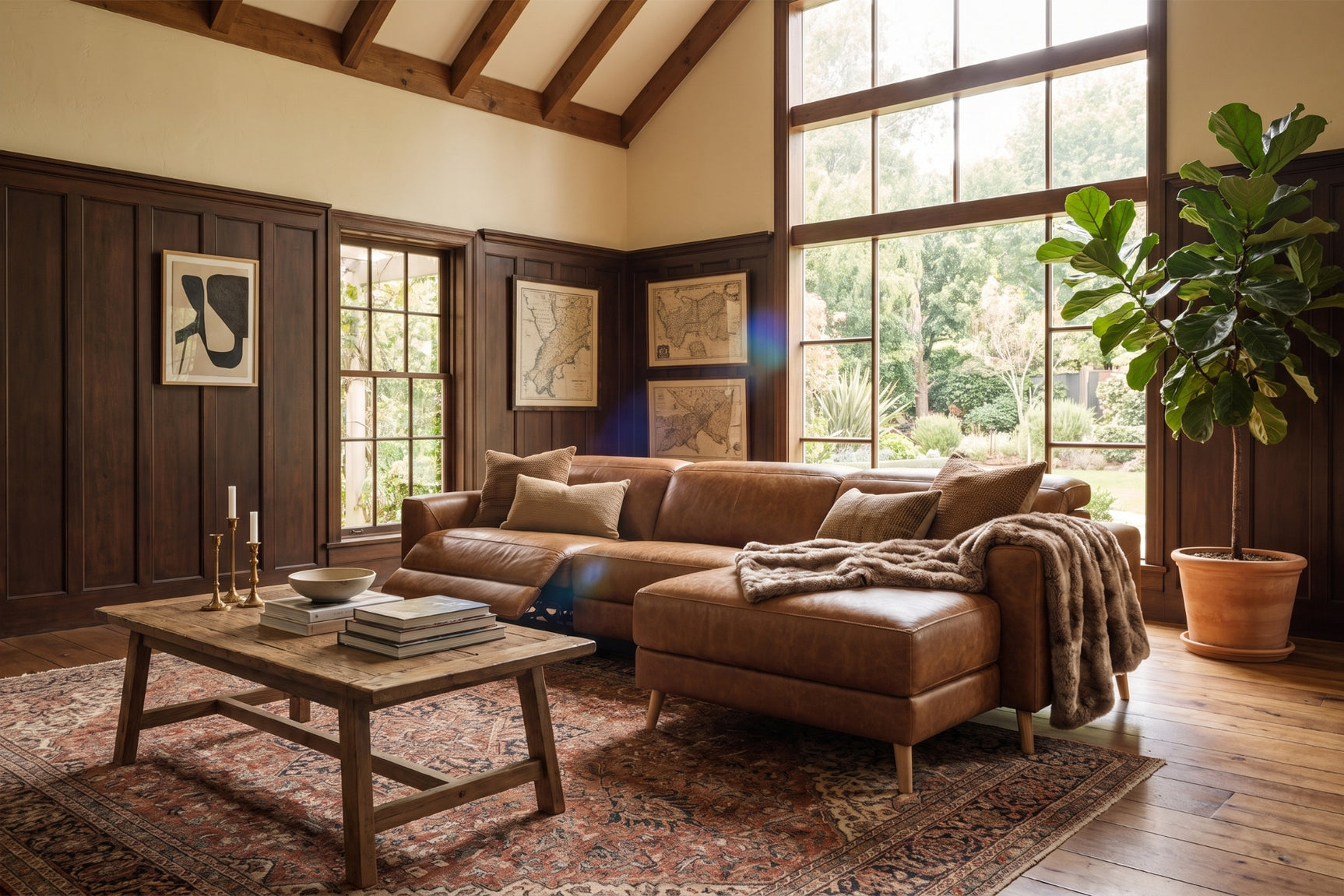 Elodie Distressed Italian Aniline Leather Recliner Sectional Sofa