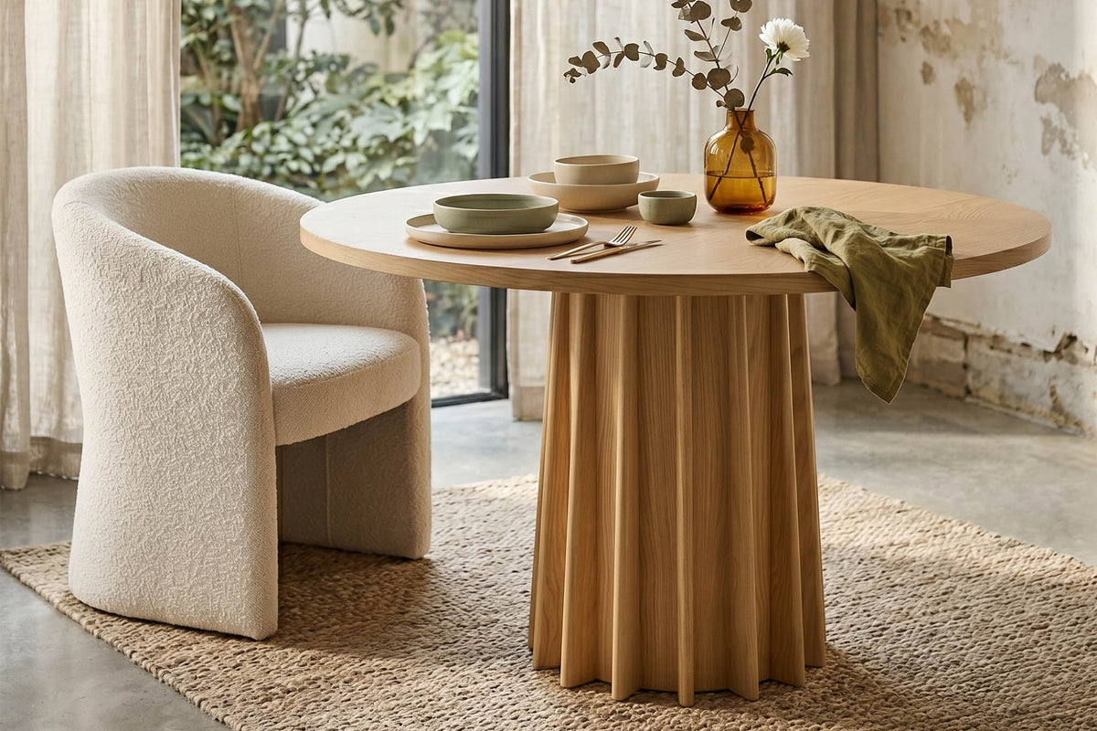 Elowen round oak dining table set for a meal beside a cream boucle chair