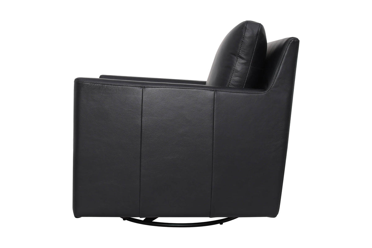 Elwood Black leather chair, side view showing the swivel glider base