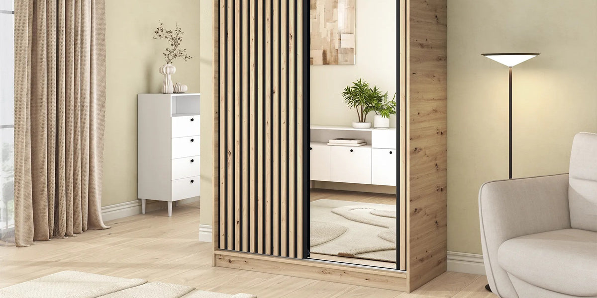 Emerio Mirrored 2 Sliding Door Freestanding Wardrobe - Maple Oak
