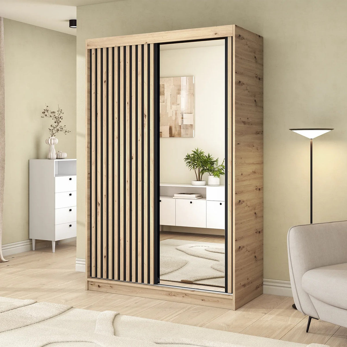 Emerio Mirrored 2 Sliding Door Freestanding Wardrobe - Maple Oak