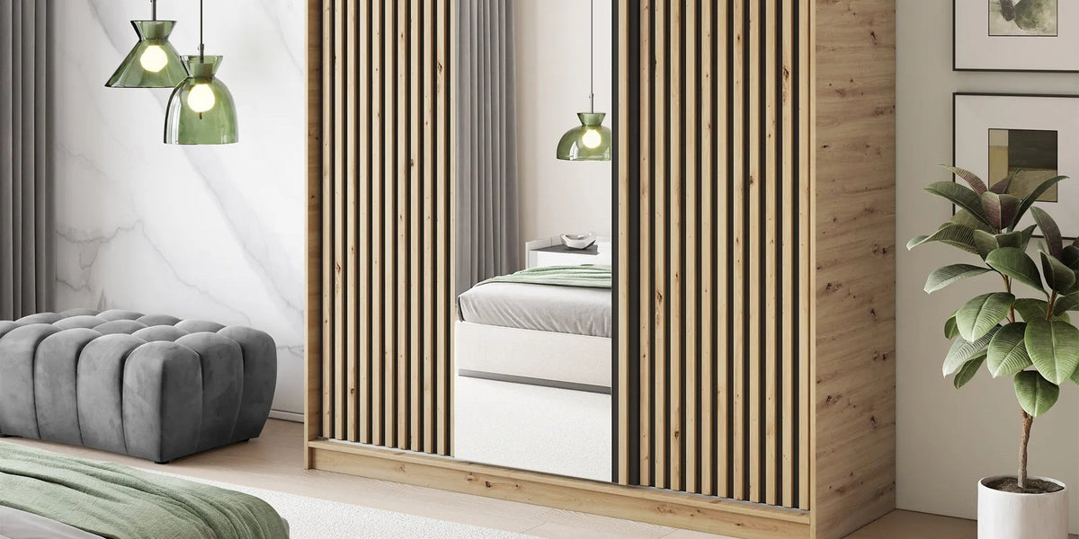 Emerio Mirrored 3 Sliding Door Freestanding Wardrobe - Maple Oak