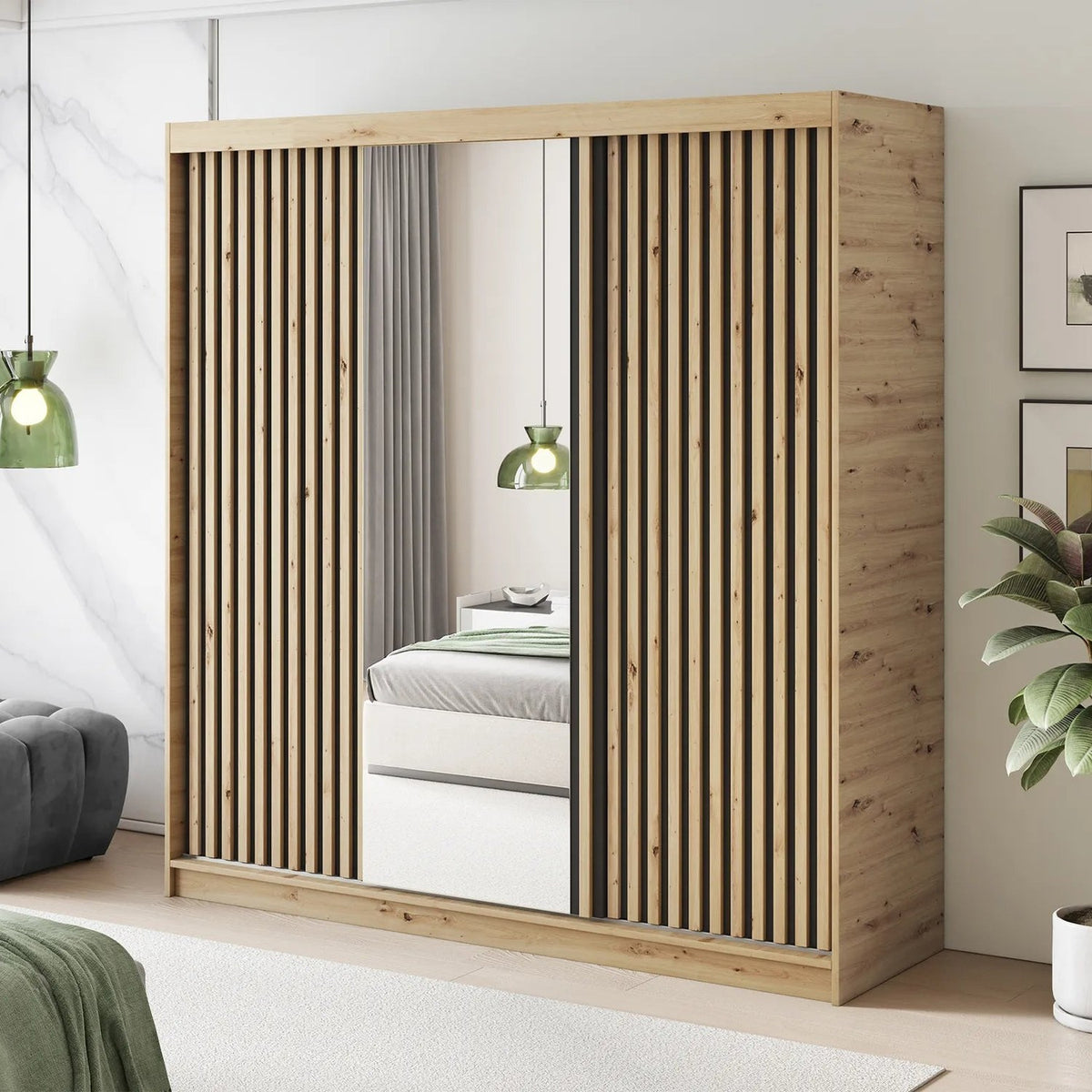 Emerio Mirrored 3 Sliding Door Freestanding Wardrobe - Maple Oak