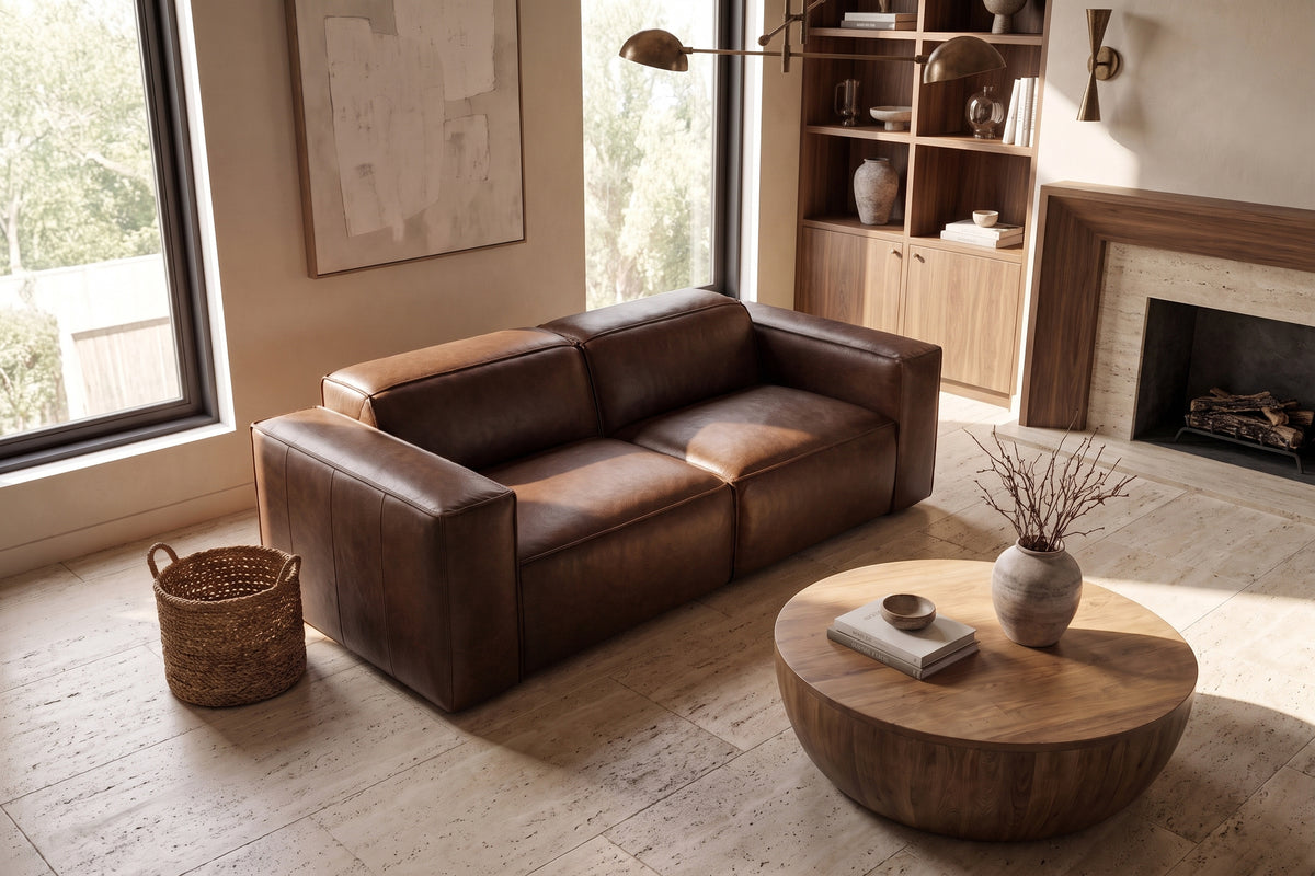 Emery Distressed Italian Aniline Leather Dual Recliner Sofa