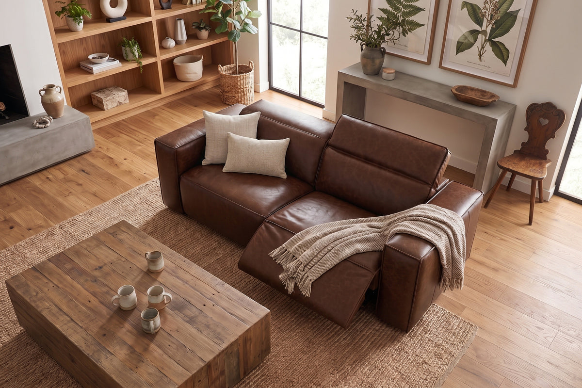 Emery Distressed Italian Aniline Leather Dual Recliner Sofa