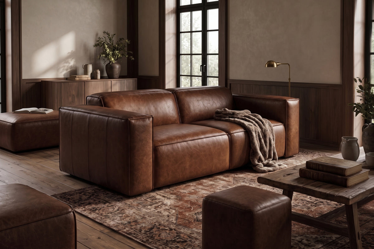 Emery Distressed Italian Aniline Leather Dual Recliner Sofa