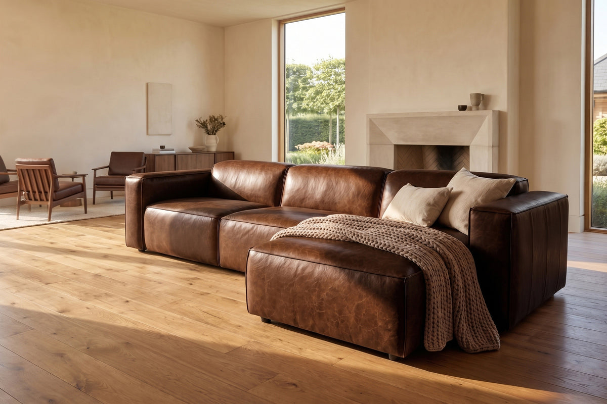 Emery Distressed Italian Aniline Leather Recliner Sectional Sofa