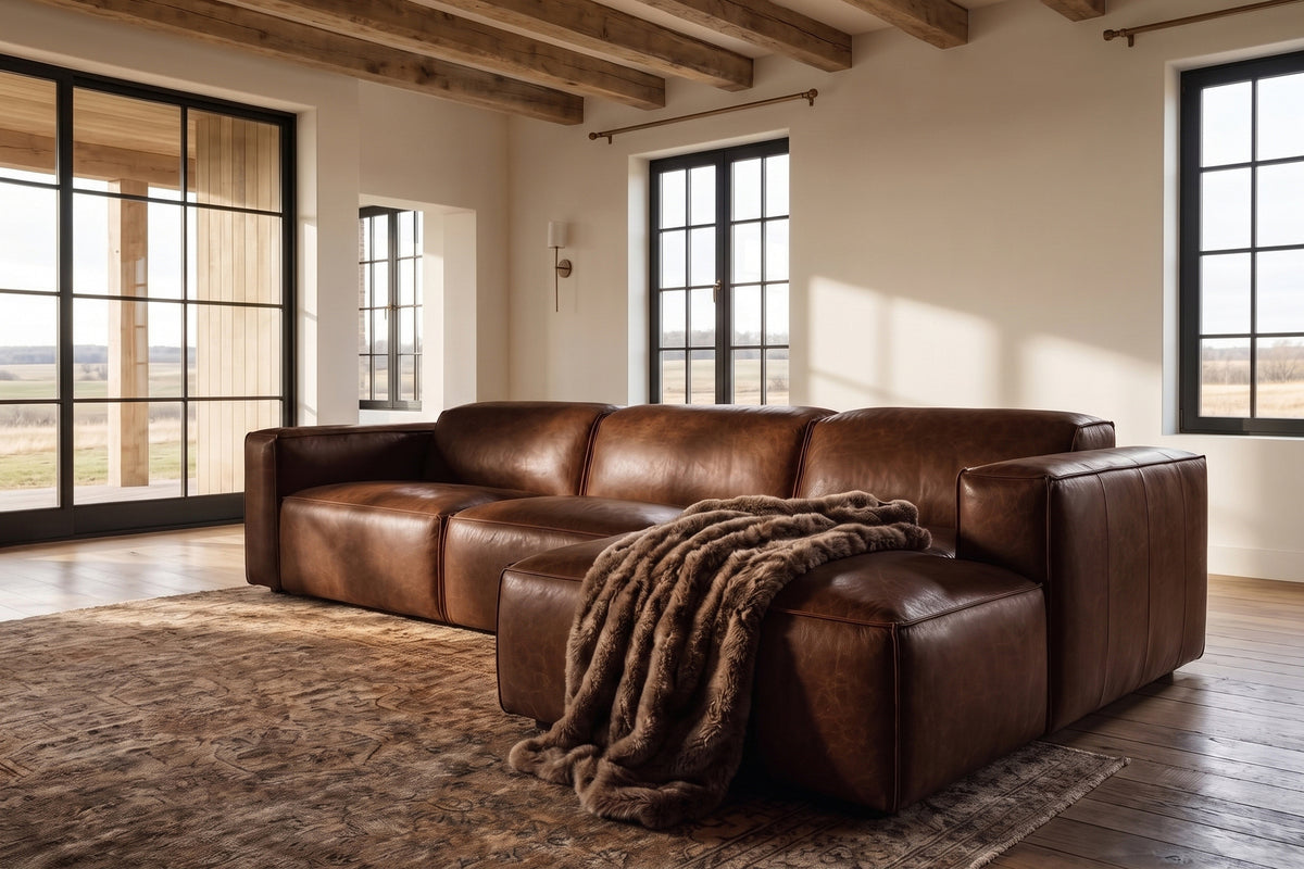 Emery Distressed Italian Aniline Leather Recliner Sectional Sofa