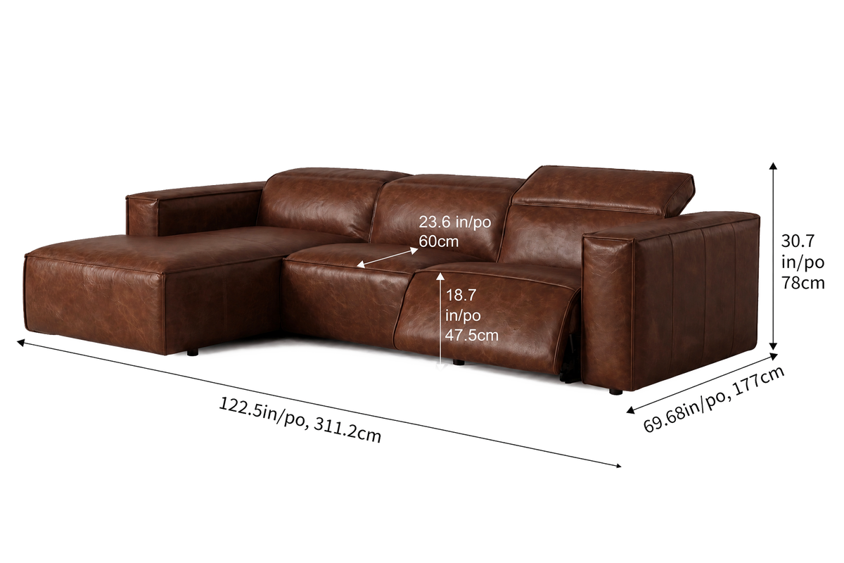 Emery Distressed Italian Aniline Leather Recliner Sectional Sofa