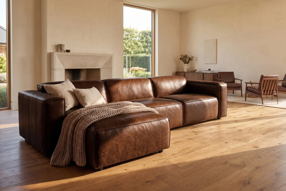 Emery Distressed Italian Aniline Leather Recliner Sectional Sofa