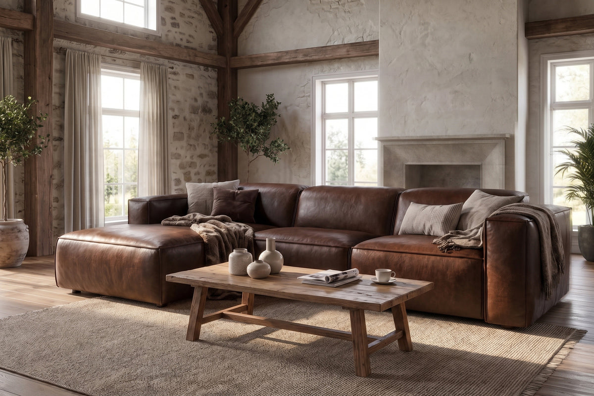 Emery Distressed Italian Aniline Leather Recliner Sectional Sofa