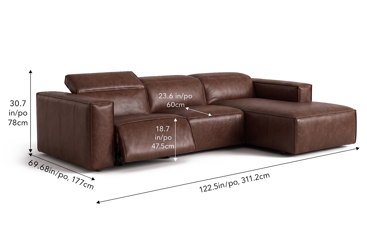 Emery Distressed Italian Aniline Leather Recliner Sectional Sofa