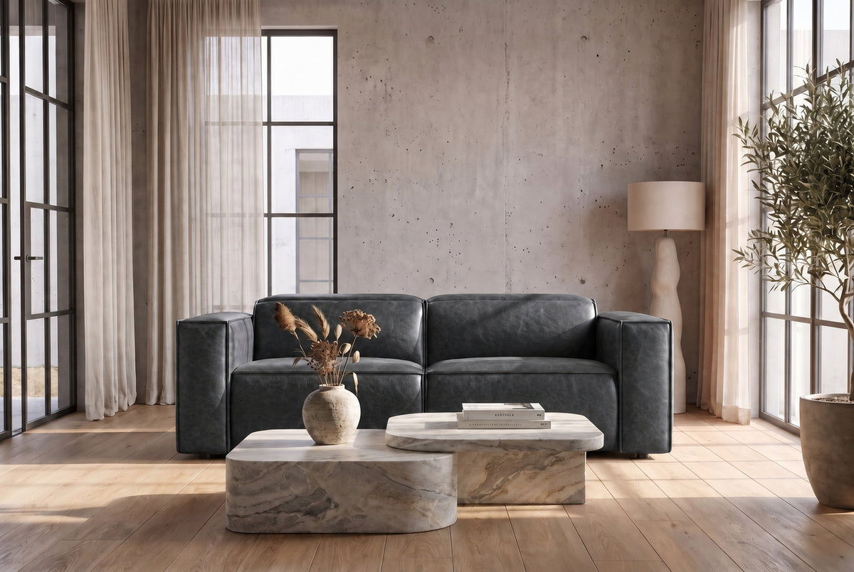 Emery Distressed Italian Aniline Leather Dual Recliner Sofa