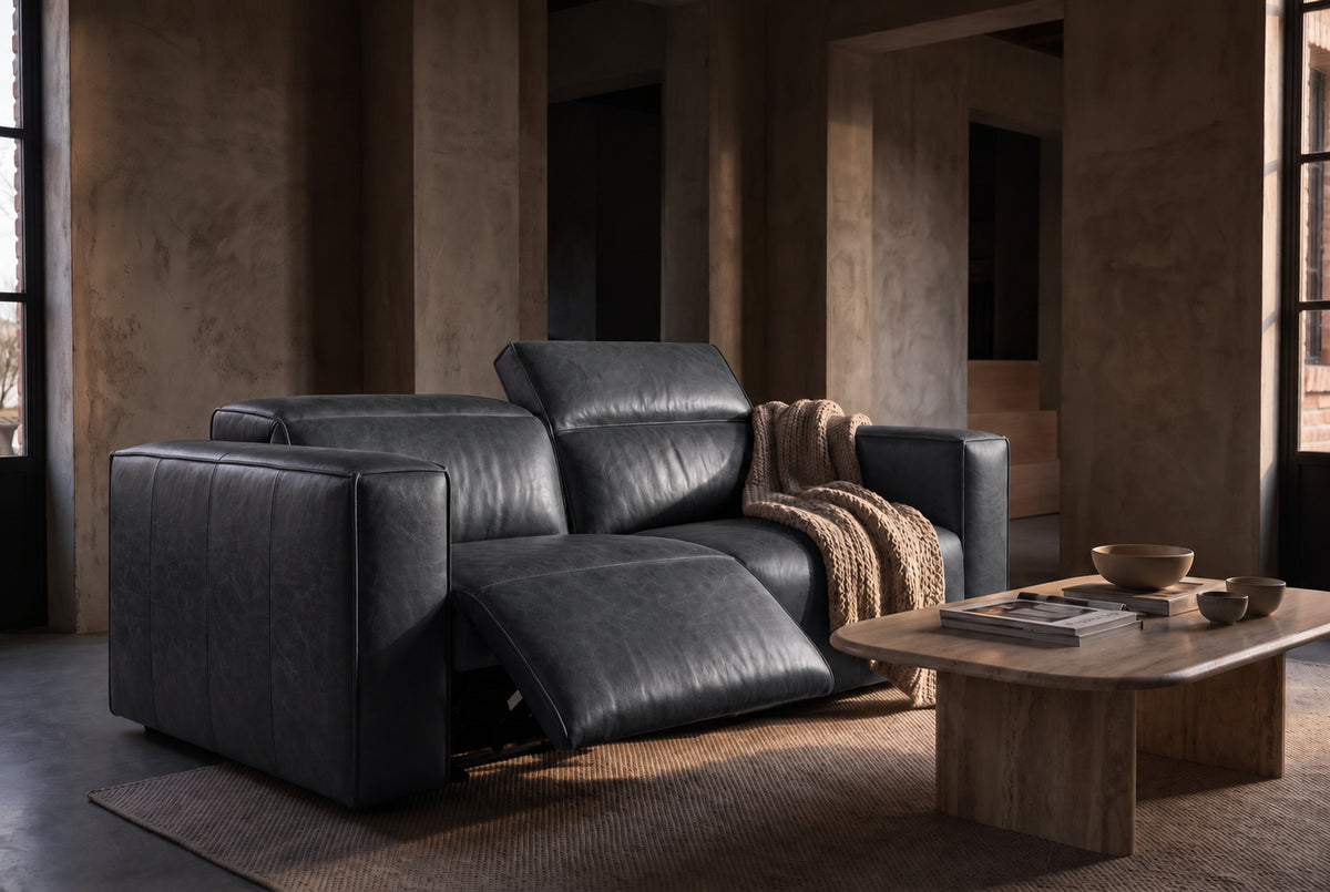 Emery Distressed Italian Aniline Leather Dual Recliner Sofa