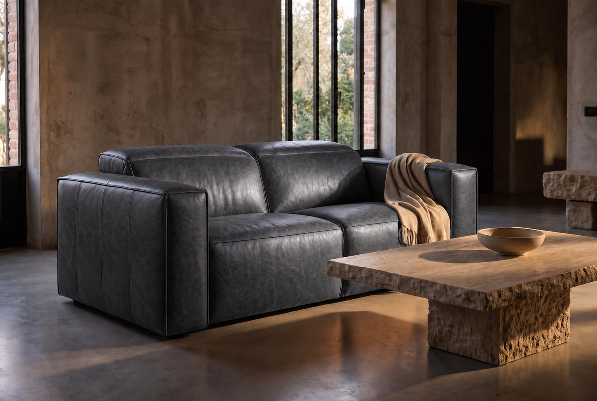 Emery Distressed Italian Aniline Leather Dual Recliner Sofa