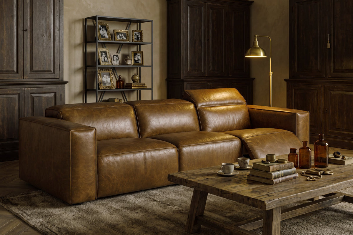 Emery dual Recliner Sofa in distressed Italian aniline leather