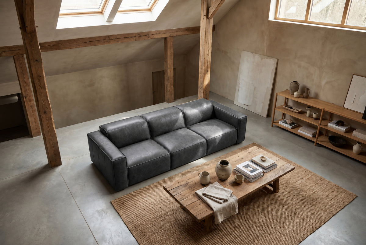 Emery Distressed Italian Aniline Leather Dual Recliner Sofa