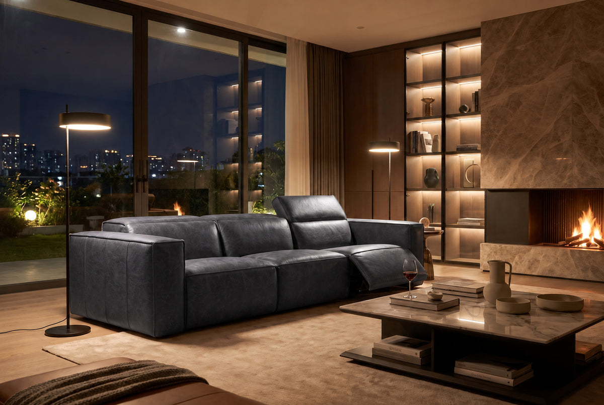Emery Distressed Italian Aniline Leather Dual Recliner Sofa