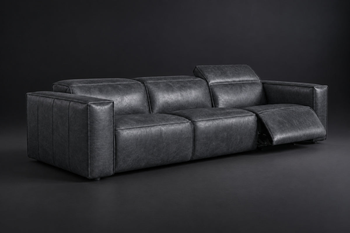 Emery Distressed Italian Aniline Leather Dual Recliner Sofa