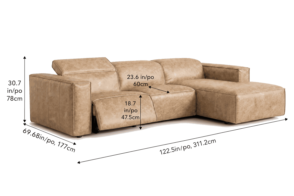 Emery Distressed Italian Aniline Leather Recliner Sectional Sofa