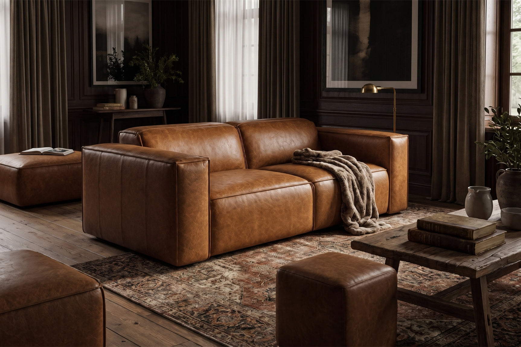 Emery Distressed Italian Aniline Leather Dual Recliner Sofa