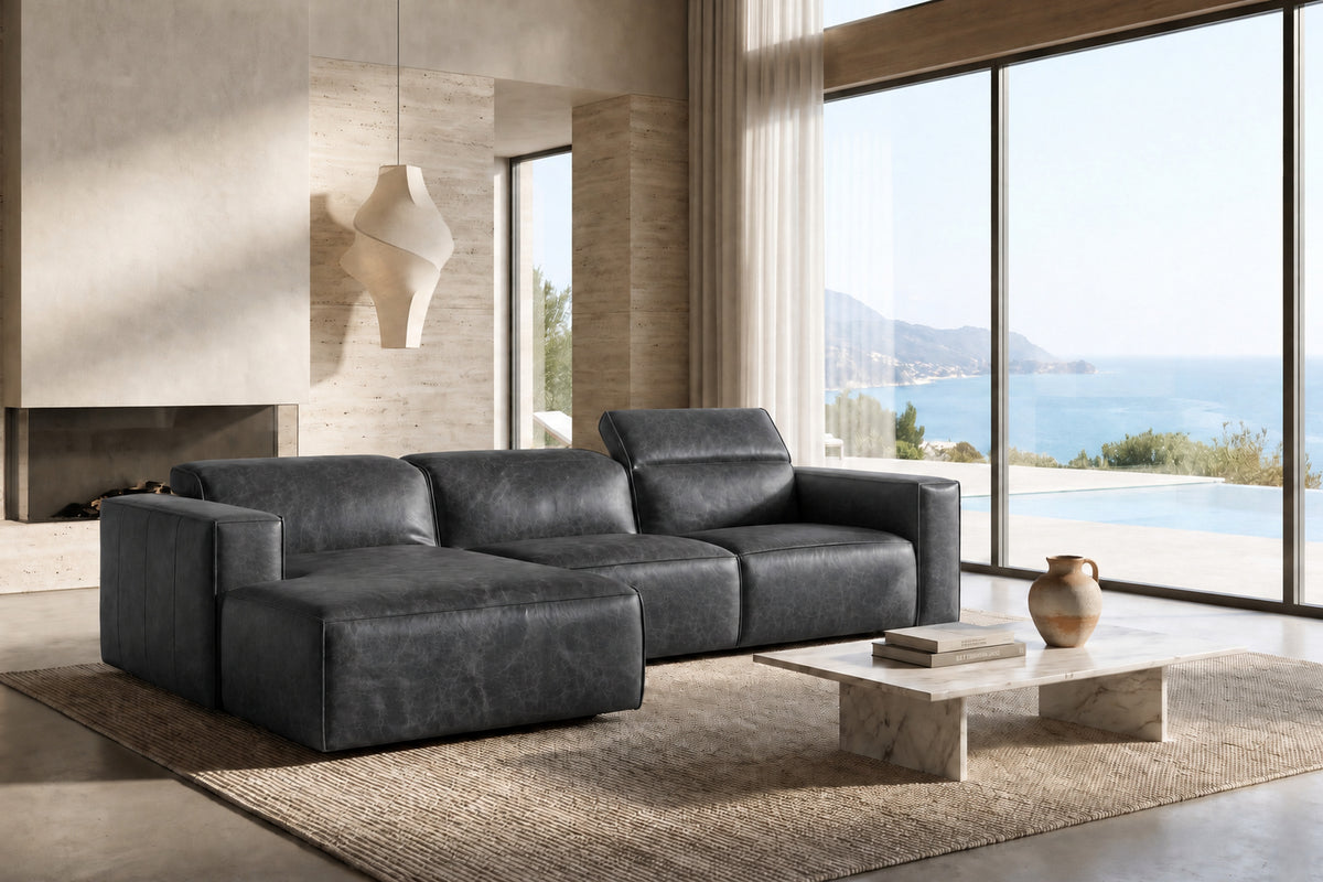 Emery Distressed Italian Aniline Leather Recliner Sectional Sofa