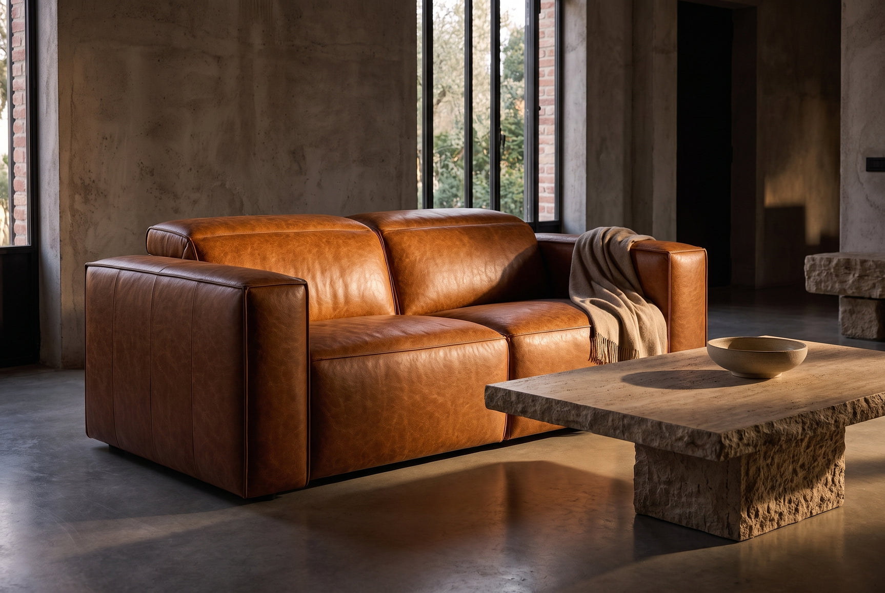 Emery Distressed Italian Aniline Leather Dual Recliner Sofa