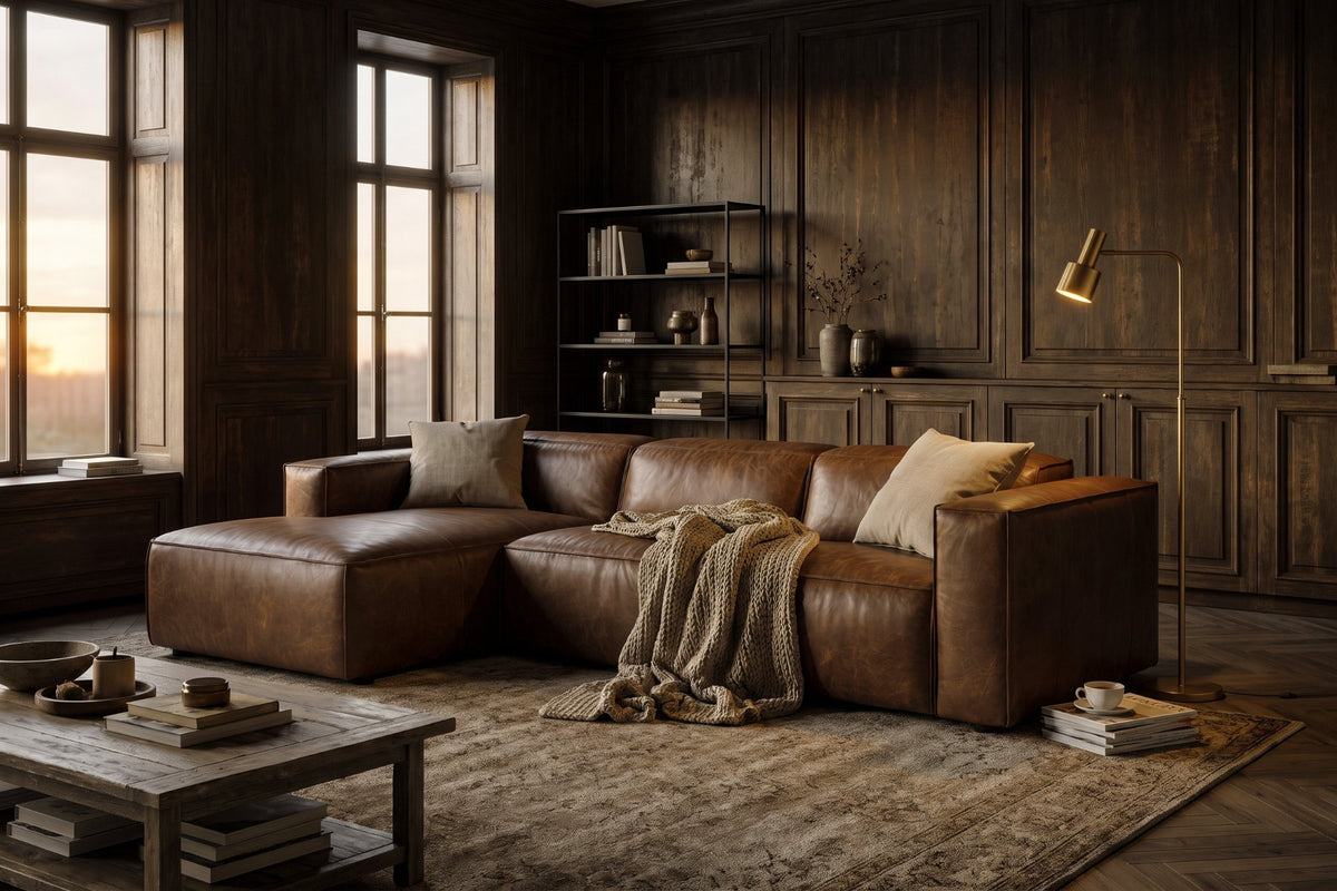 Emery recliner Sectional in distressed Italian aniline leather