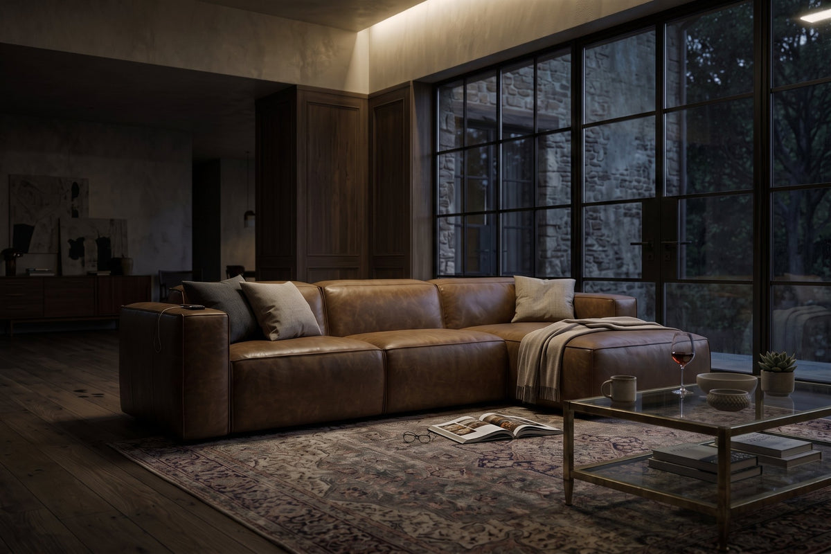 Emery recliner Sectional in distressed Italian aniline leather