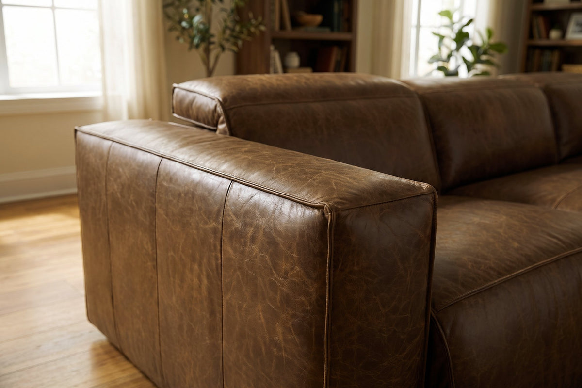 Emery recliner Sectional in distressed Italian aniline leather