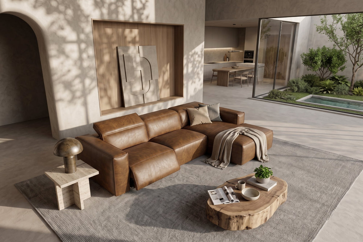 Emery recliner Sectional in distressed Italian aniline leather