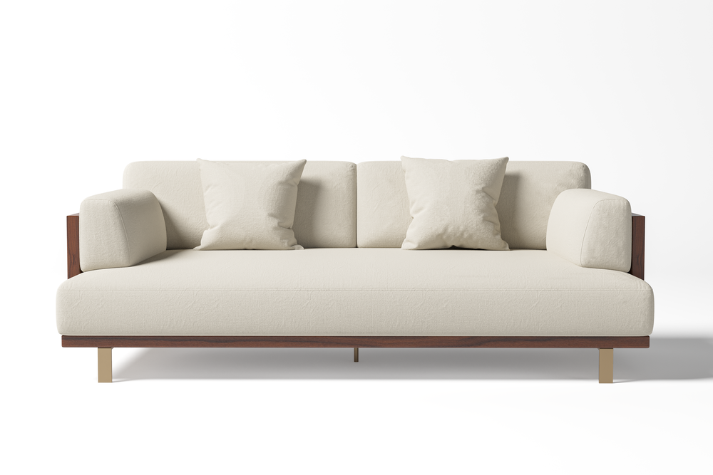In a White Background, There is Straight Angle Front View of A Luxurious, Beige, Kiln Dried Wood Frame, Emilia Modern Fabric Sofa with Two Cushions on It.