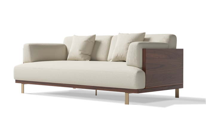 Right Acute Angle Front View of A Luxurious, Beige, Kiln Dried Wood Frame, Emilia Modern Fabric Sofa.