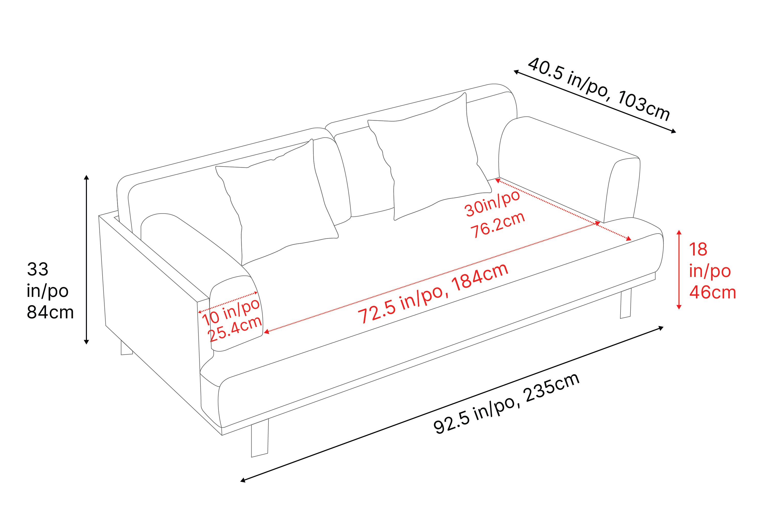 Dimension of A Luxurious, Beige, Kiln Dried Wood Frame, Emilia Modern Fabric Sofa, Overall Height 33" Inches / 84CM, Overall Wide 92.5" Inches / 235CM, Overall Depth 40.5" Inches / 103CM, Sofa Seat Width 72.5" Inches / 184CM, Seat to Bottom Height 18" Inches / 46CM.