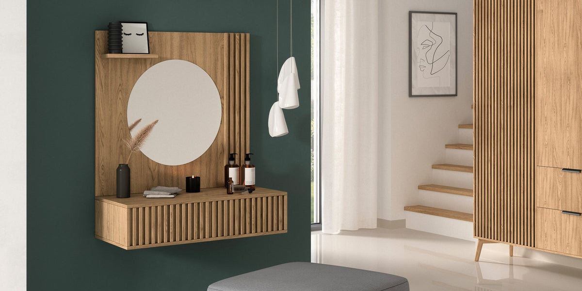 Entsian Oak Wood Paneled Floating Vanity w/Mirror - Artisan Oak