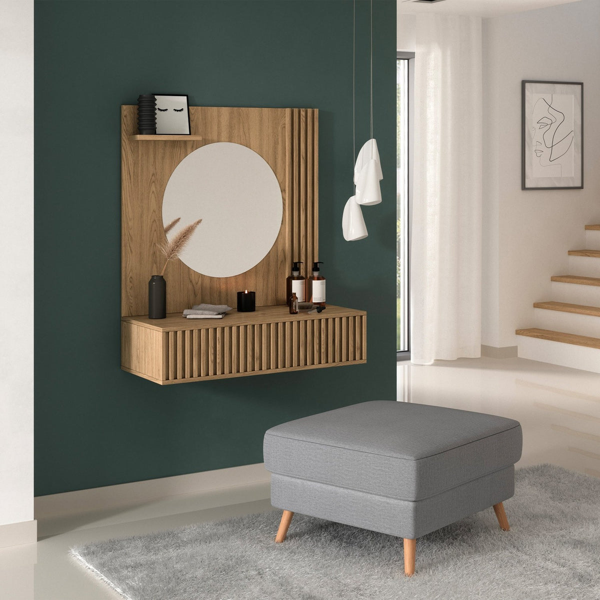 Entsian Oak Wood Paneled Floating Vanity w/Mirror - Artisan Oak