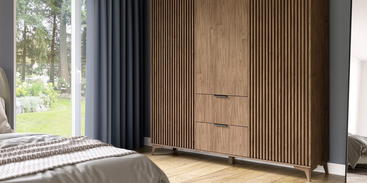 Entsian Oak Wood Paneled Free Standing Wardrobe - Artisan Oak