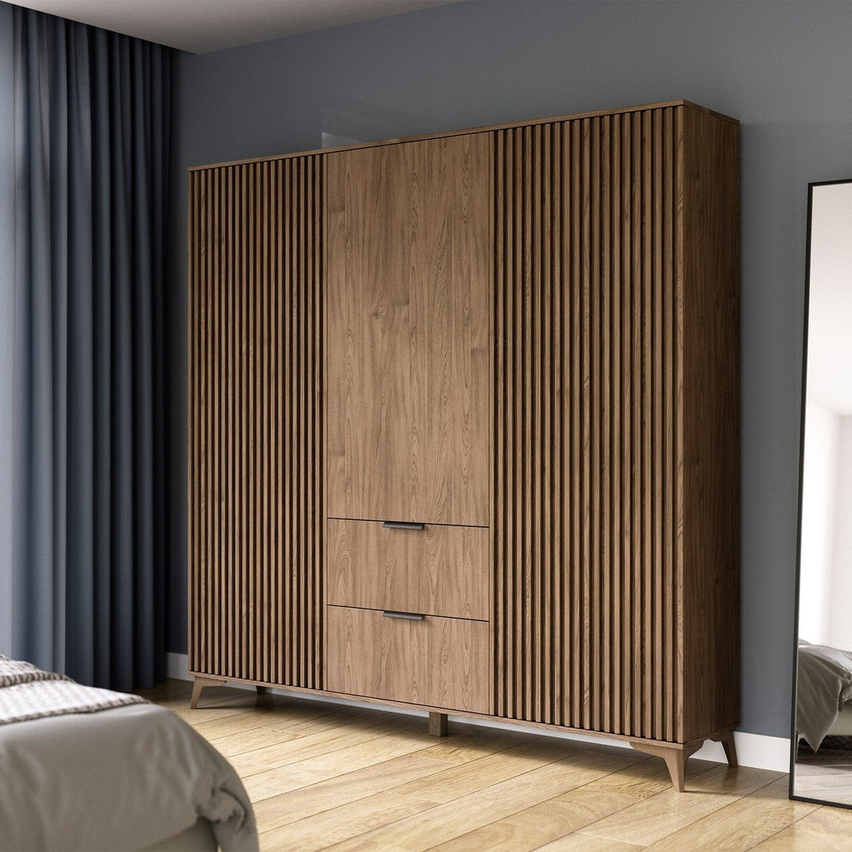 Entsian Oak Wood Paneled Free Standing Wardrobe - Artisan Oak