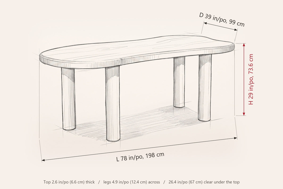 Erbusco dimensions on a pencil sketch of the dining table: 78 in long, 39 in deep, 29 in high, top edge 2.6 in thick
