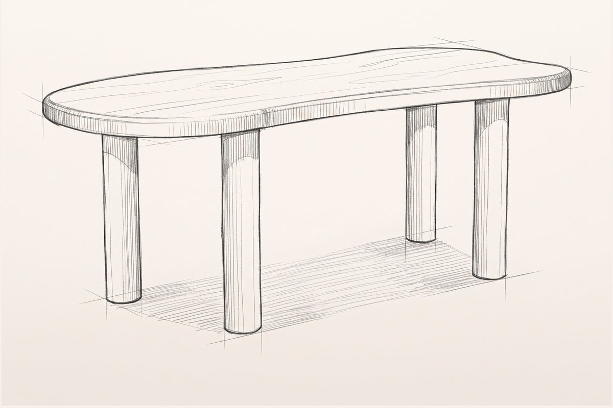 Pencil sketch of the Erbusco dining table, three-quarter view from above