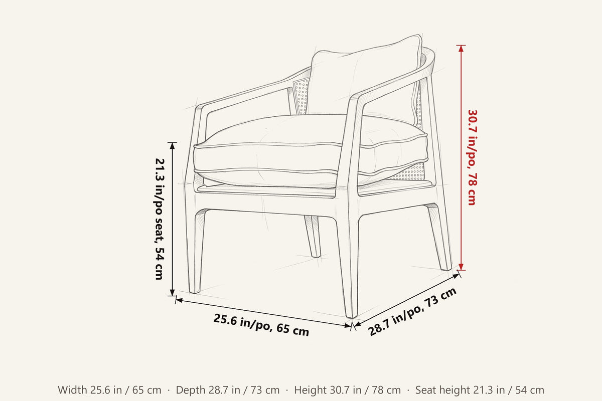 Esanatoglia dimensions on a pencil sketch of the chair: 25.6 in wide, 28.7 in deep, 30.7 in high, seat height 21.3 in