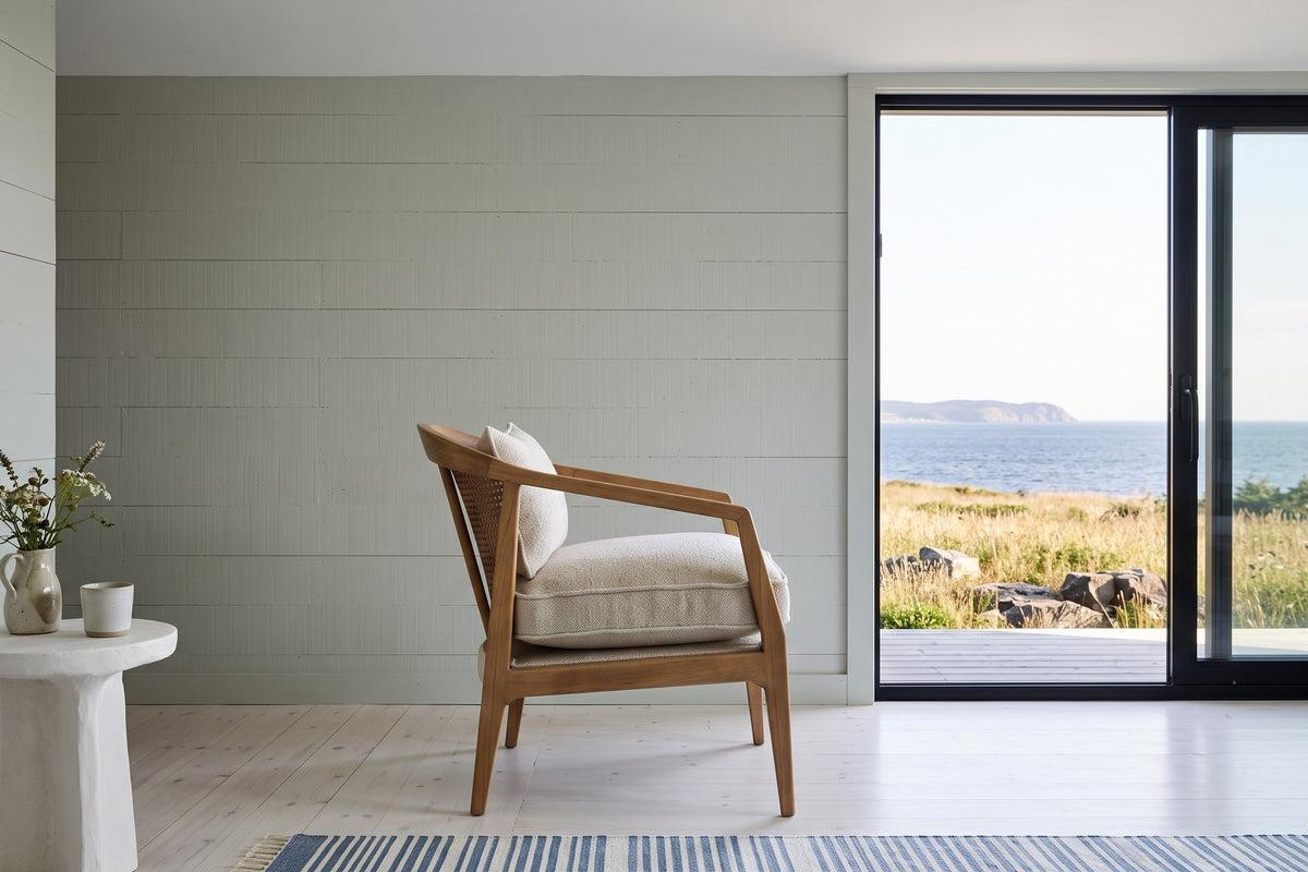 Esanatoglia accent chair in side profile in a Brier Island house on the Bay of Fundy