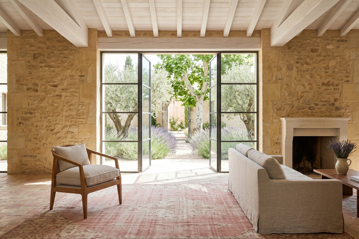 Esanatoglia accent chair in Sand Boucle in a Saint-Remy-de-Provence house, with honey limestone walls