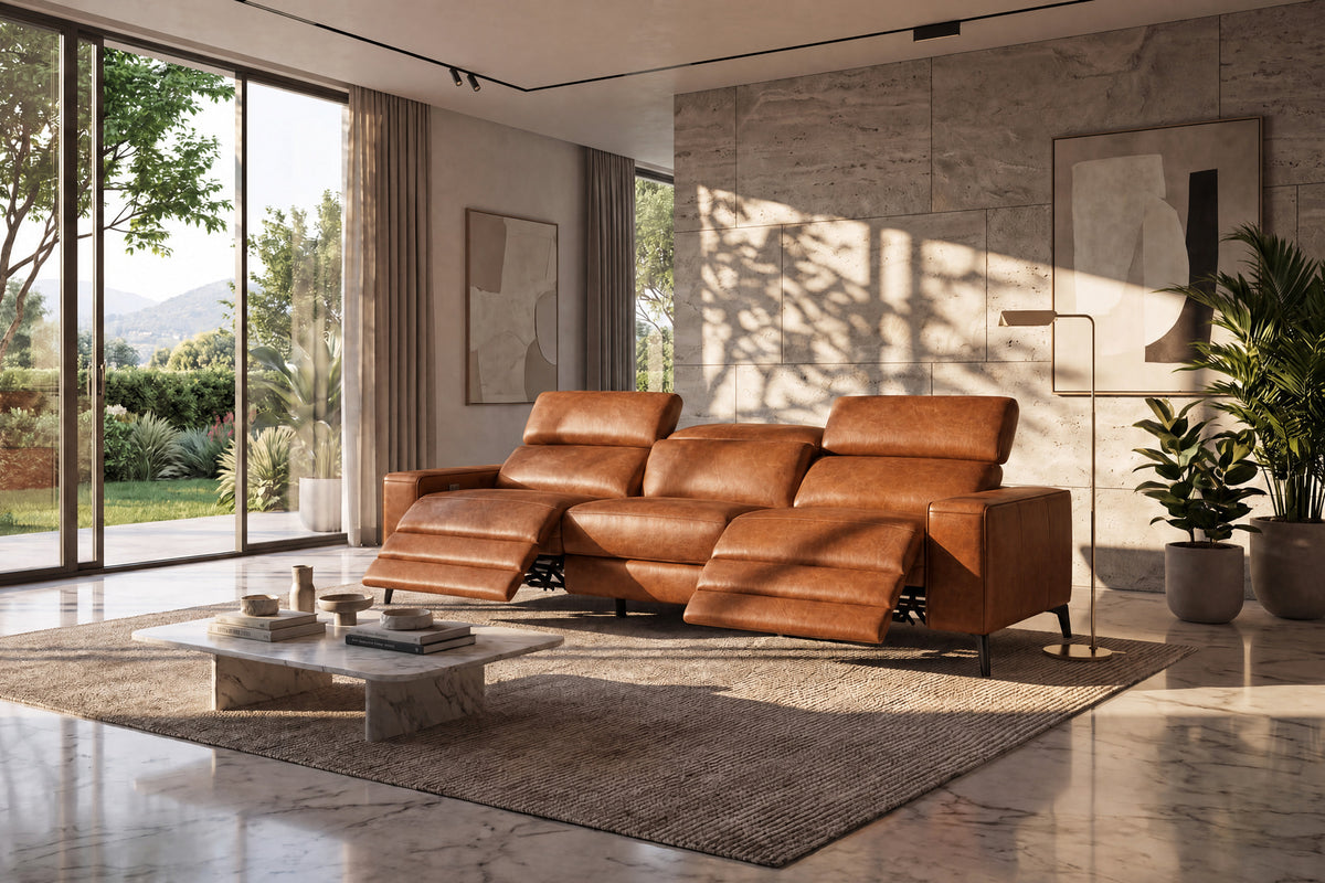 Esther Distressed Italian Aniline Leather Power Dual Recliner Sofa