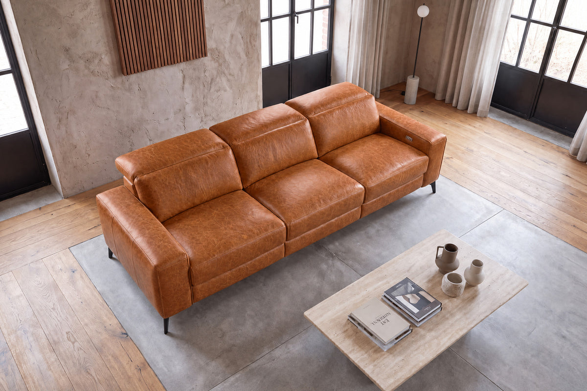 Esther Distressed Italian Aniline Leather Power Dual Recliner Sofa