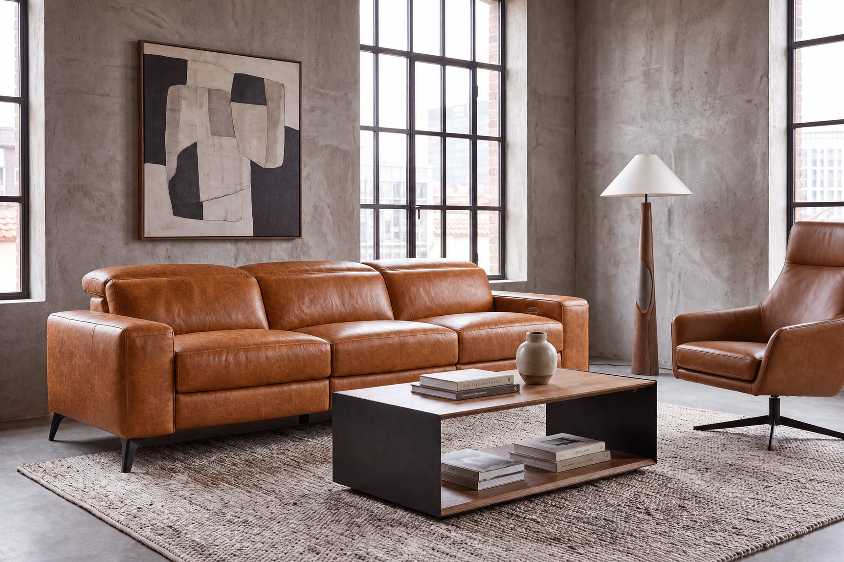 Esther Distressed Italian Aniline Leather Power Dual Recliner Sofa