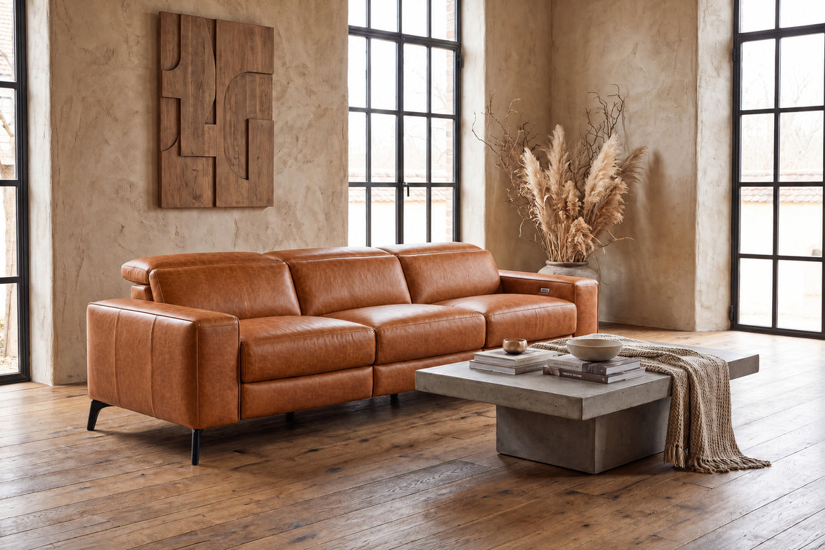 Esther Distressed Italian Aniline Leather Power Dual Recliner Sofa