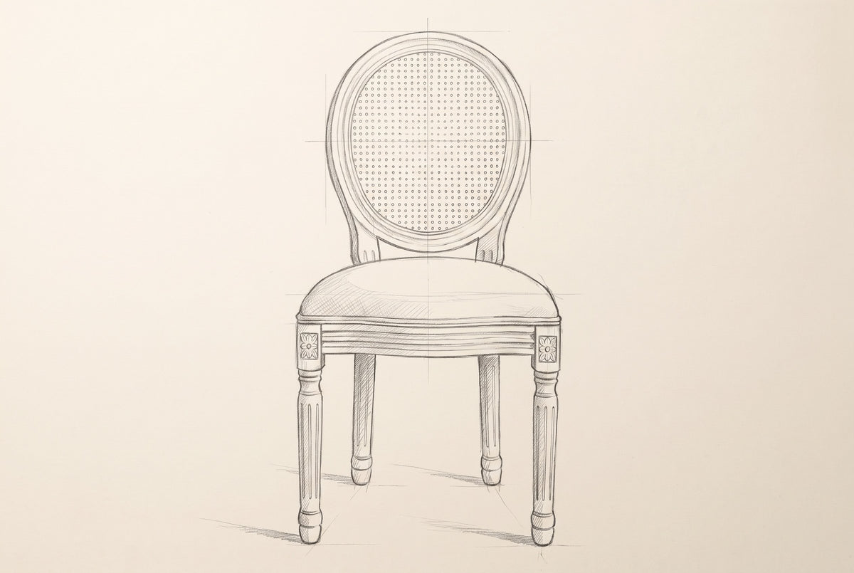 Pencil drawing of the Este dining chair, front view