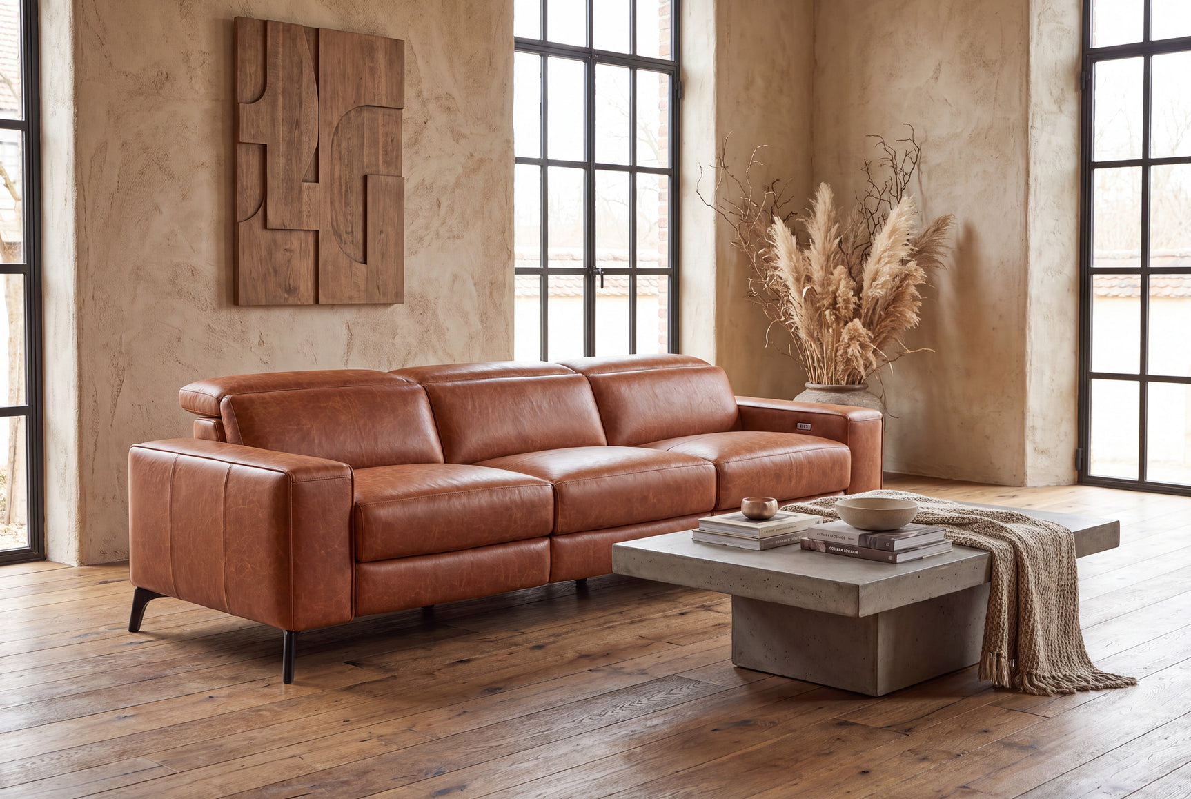 Esther Distressed Italian Aniline Leather Power Dual Recliner Sofa