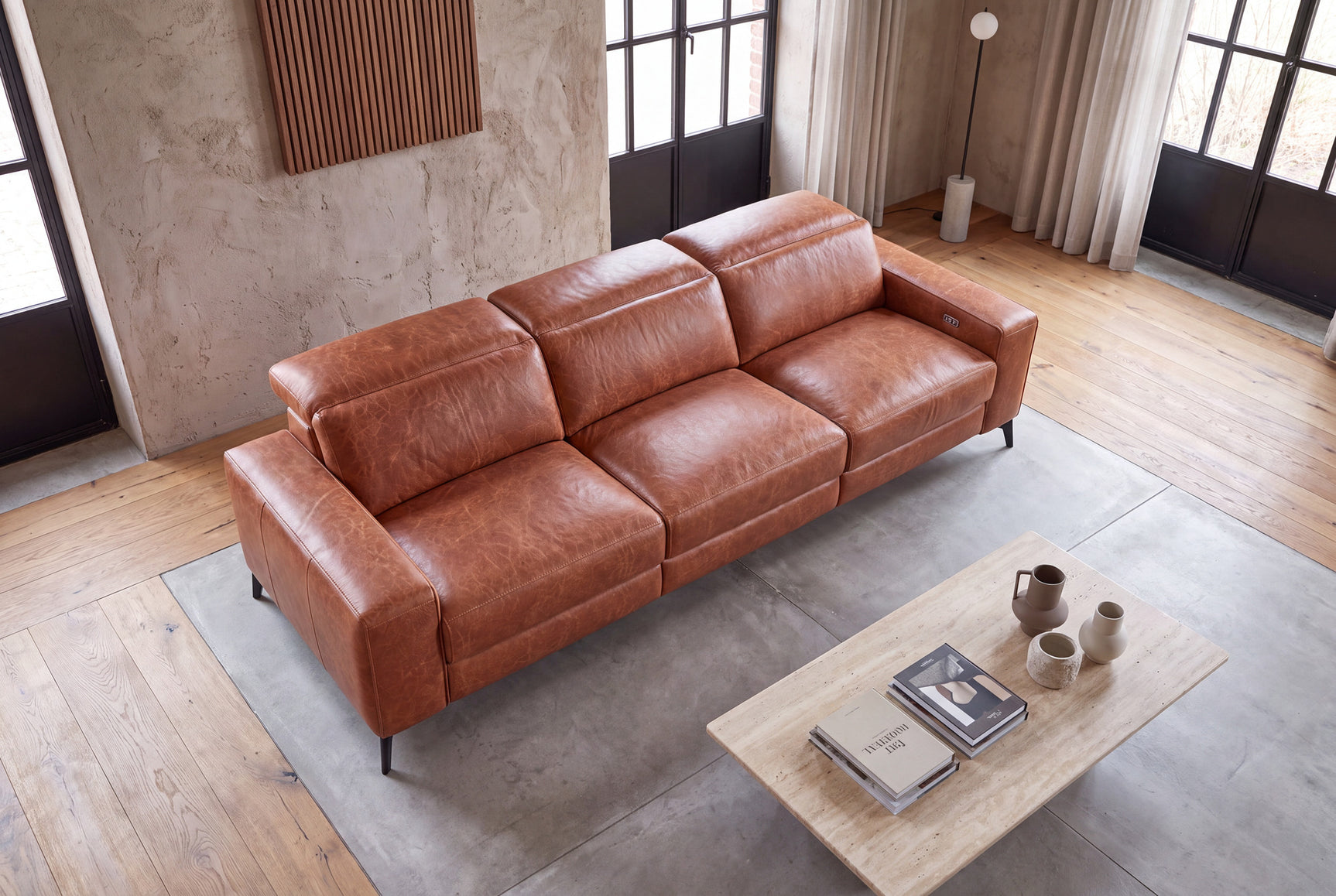 Esther Distressed Italian Aniline Leather Power Dual Recliner Sofa